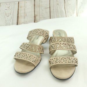 Easy Street Womens Script Beige Leather Block Heel Slip On Slide Sandals Size 6M